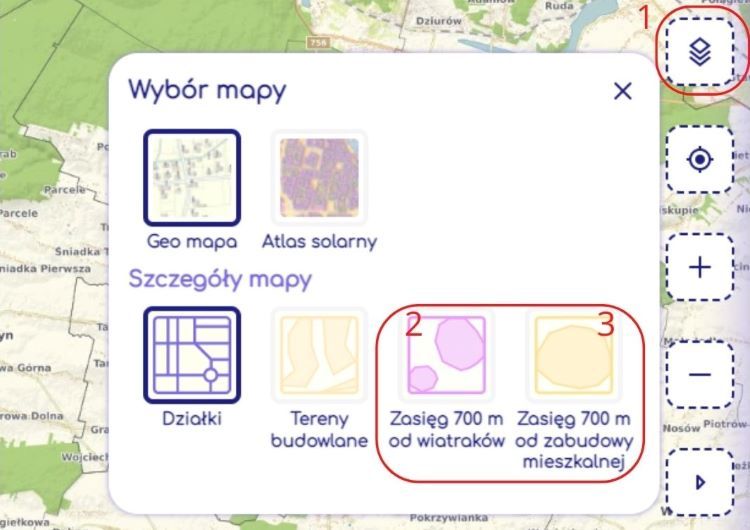 Wybór mapy - wybierz „Zasięg 700 m od wiatraków” lub „Zasięg 700 m od zabudowy mieszkaniowej”, Na Mapie