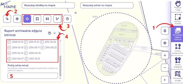 Wygeneruj raport archiwalnych zdjęć lotniczych w Geoportalu Na Mapie, źródło: Na Mapie